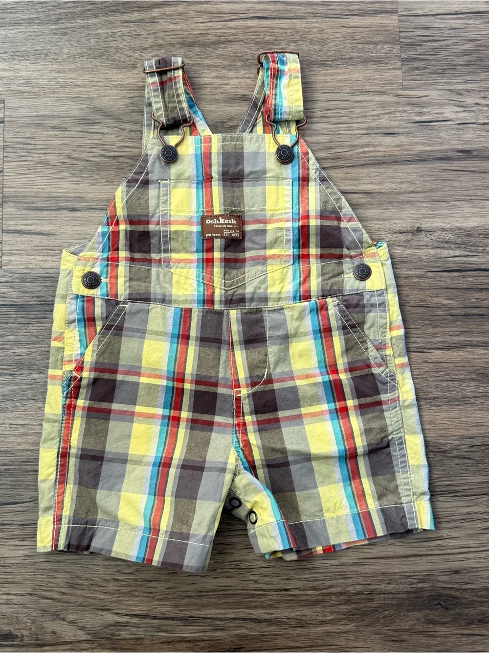 OshKosh Retro Baby Plaid Shortalls Overalls Yellow Grey Turquoise Size 9 Months